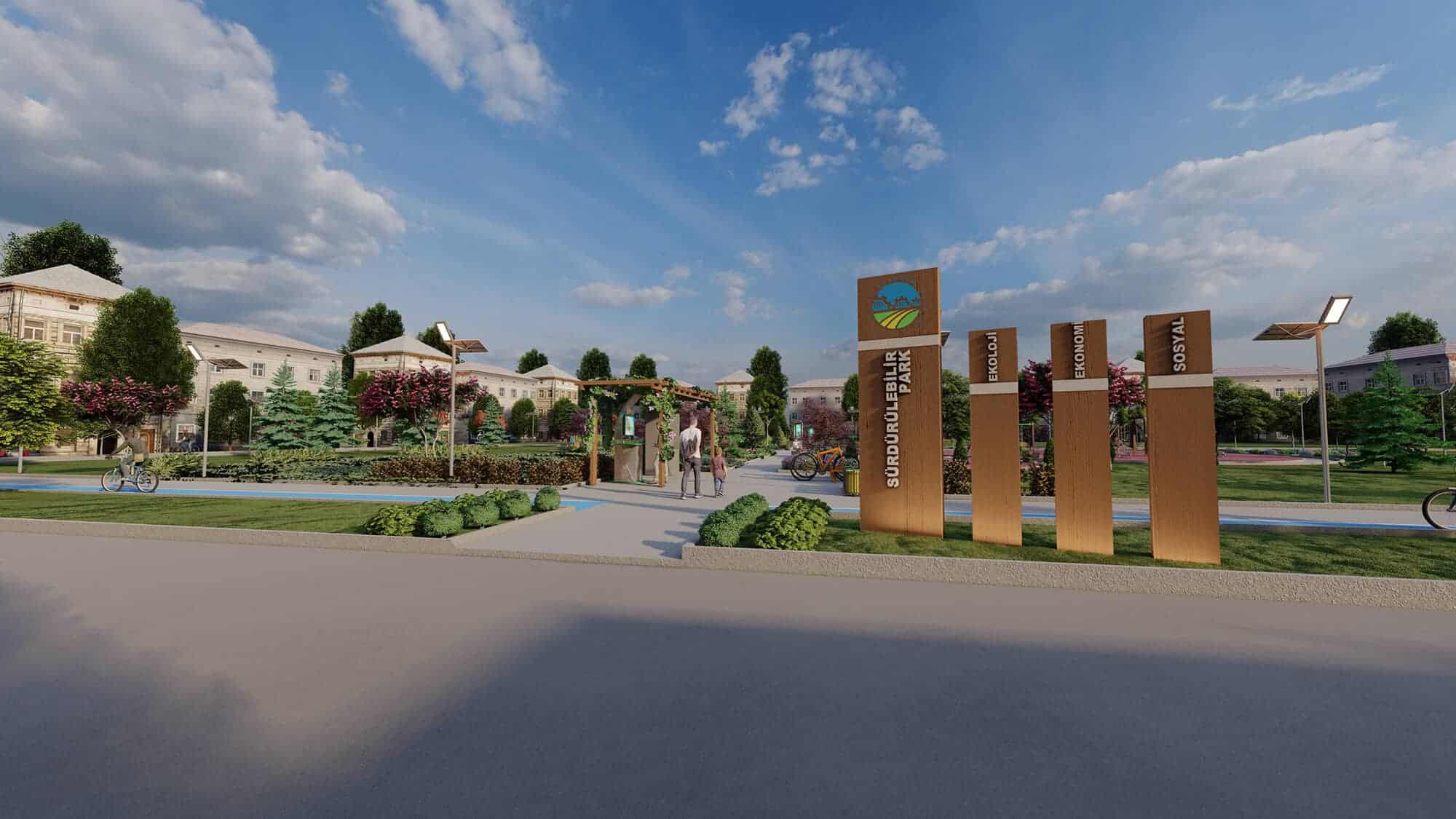 Yenilikçi kentsel tasarım ve sürdürülebilir yaşam alanları, parka girişte büyük bildirim panosu ve peyzaj düzenlemesi görülüyor.