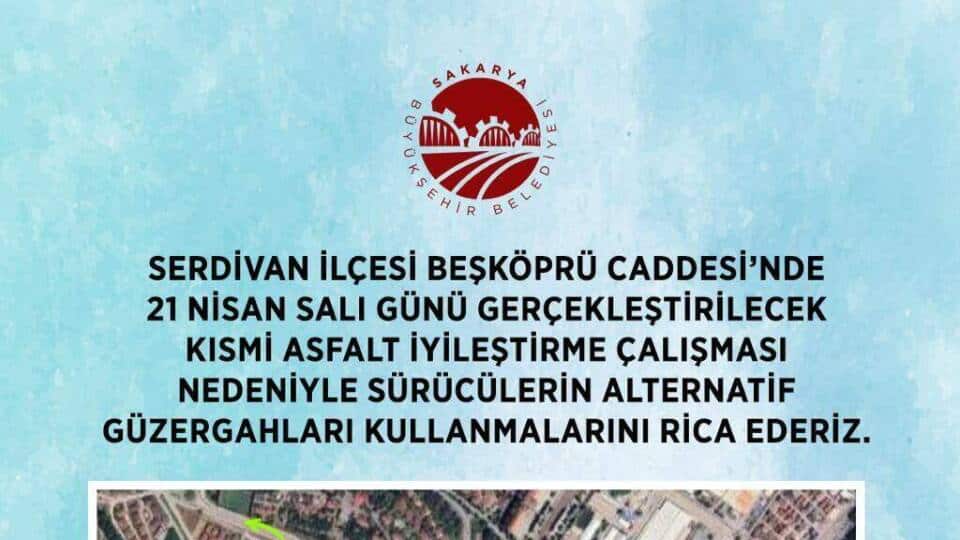 Serdivan Beşköprü Caddesi’nde Asfalt Çalışması Sürücüleri Alternatif Yollara Yönlendiriyor